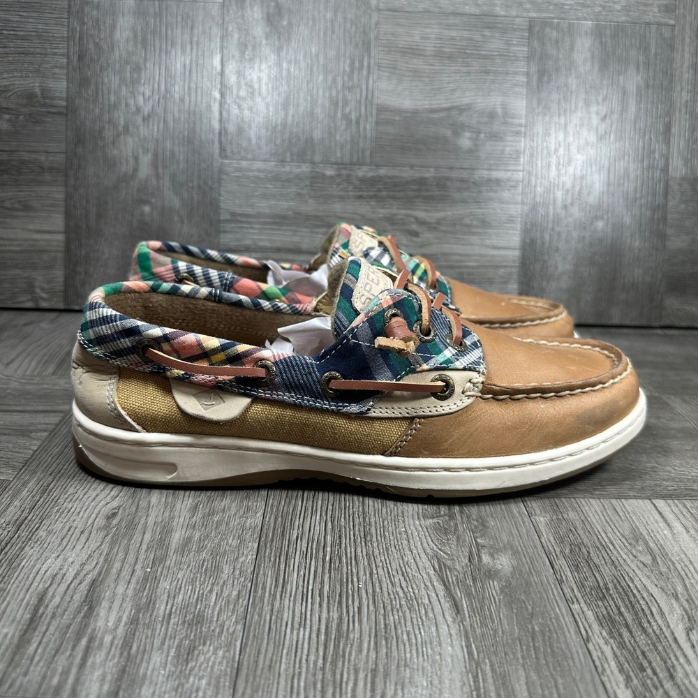 Sperry Boat Shoe Angelfish Women Size 6 Tan Plaid Leather Canvas STS84943 NEW
